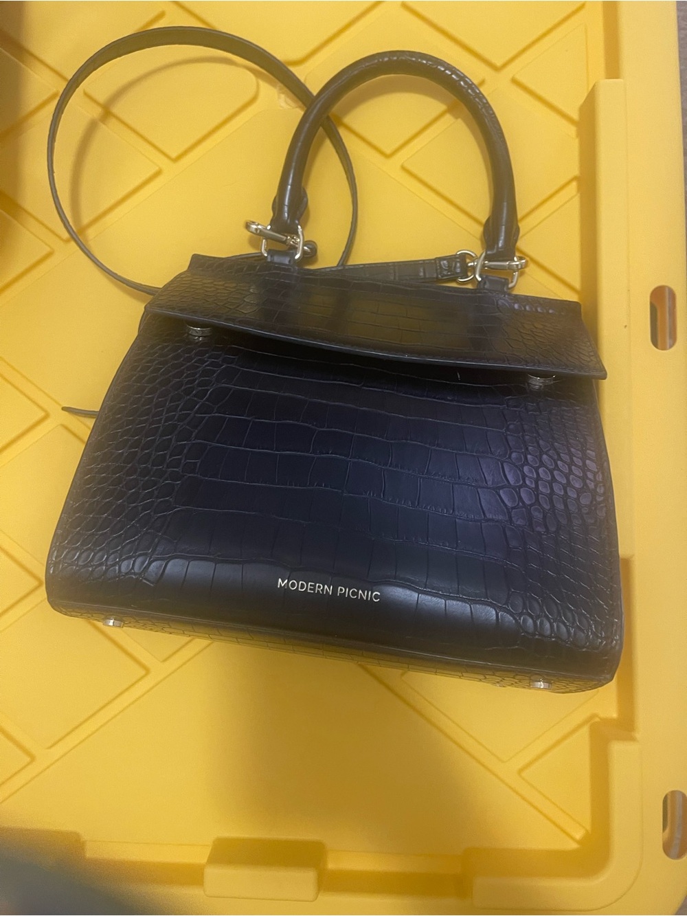 Modern Picnic Black Croc-Embossed Top-Handle Satchel